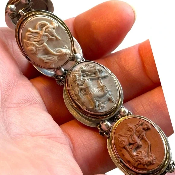 Antique Bracelet Stone Cameo 800 Silver Victorian Lava RARE Seven Days Chariots - Picture 5 of 14